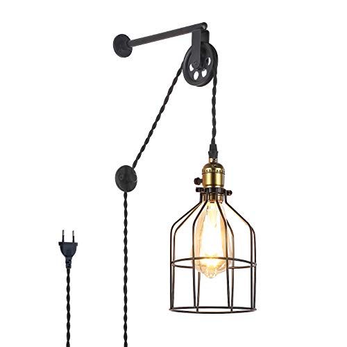 Barcelona Led Lampada Da Parete Vintage Con Cavo E Spina Gabbia Industriale Nera Stile Puleggia A Sospensione Per Soggiorno Camera Da Letto E27