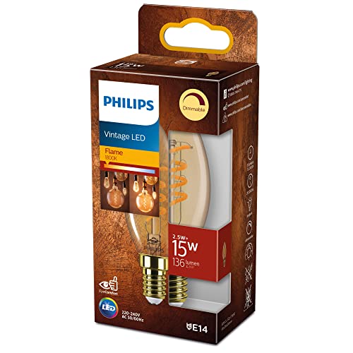 Philips Led Lampadina A Filamento Candela Gold, 15W, E14, Luce Bianca Calda, Dimmerabile