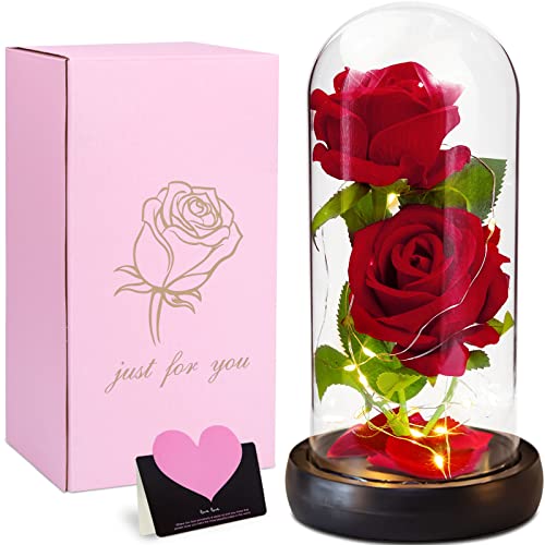 Vipnaji La Bella E La Bestia Rosa Eterna,Regali, Rosa Stabilizzata In Cupola Di Vetro Con Base Pino Con Led Light, Kit Di Rose, Decorazioni,Regali Pe