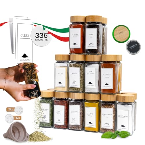 Comforder Barattoli Spezie Quadrati 24 Pezzi, Barattoli Spezie Con Etichette Italiano, Setaccio E Imbuto, Porta Spezie Cucina Assortiti E Quadrati Con