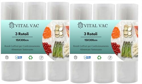 Vital Vac 6 Rotoli Sottovuoto Goffrato Da 15X300 Cm | Per Sous Vide E Conservazione Degli Alimenti | Compatibile Con Foodsaver, Macom, Bonsenkitchen,