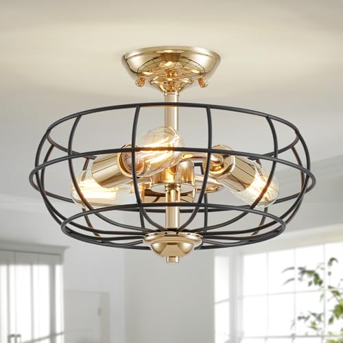 Shrine Lighting Plafoniera Semi, In Stile Rustico, Perfetto Lampadario Dorato Per Ambienti, D33 X H13,5 Cm, Base E27 Con 3 Luci, Finitura In Nichel