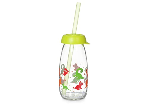 Home 7769203 Barattolo Con Cannuccia Funny Kids, Decoro Dinosauro, Vetro, 0.25 Lt, Glass, Bianco