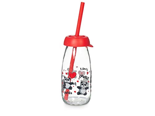 Home 7769204 Barattolo Con Cannuccia Funny Kids, Decoro Panda, Vetro, 0.25 Lt, Glass, White
