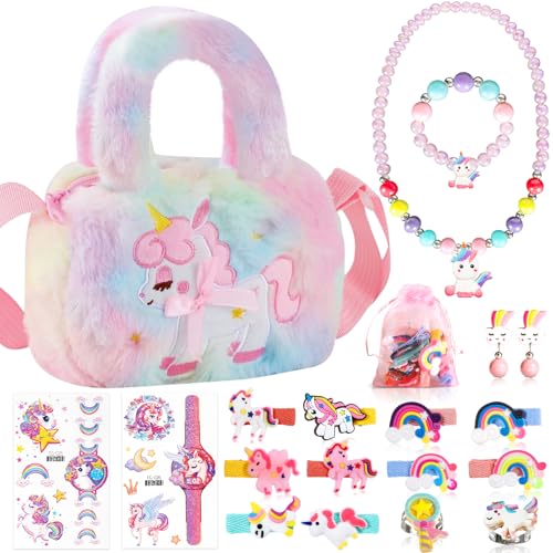 Bbltiff Unicorno Bambina Regalo, 19 Pièces Borsa Unicorno Bambina Et Gioielli Bambina Set, Borsetta Bambina Con Bracciale, Anello, Collana, Fermagli P
