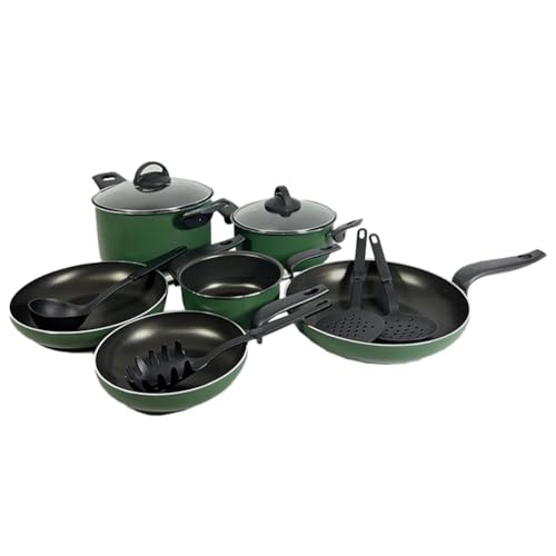 Relax World Batteria Di Pentole Da Cucina Made In Italy 12 Pezzi, Verde, Antiaderenti Con Coperchi In Vetro, Include Padelle E Utensili Da Cucina