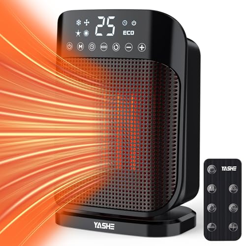 Yashe Termoventilatore In Ceramica 1800W, Riscaldatore Elettrico A Risparmio Con Termostato, Telecomando, 3 Modalità, Oscillazione 75°, Timer 24 Ore,