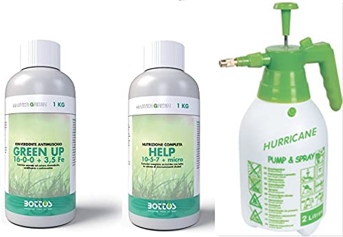 Bottos, Concime Green Up 1 Litro Rinverdente Acidificante Antimuschio Per Tappeti Erbosi + Concime Help 10+5+7+Micro Da 1 Litro Con Pompa Spruzzatore