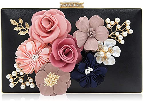 Milisente Donna Borsa Sera Fiore Pochette Nozze Pochette Da Sera Eleganti Borsette (Nero)