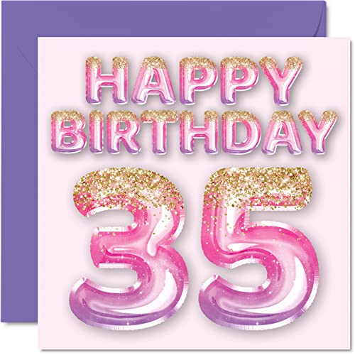 Stuff4 Biglietto Di Auguri Per 35° Compleanno Da Donna, Palloncini Rosa E Viola Glitterati, Per 35 Anni, Amica, Sorella, Mamma, Zia, 145 Mm X 145 Mm