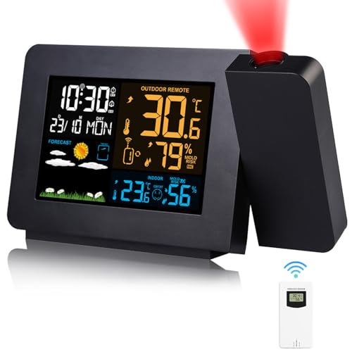 Orologio Proiezione Soffitto Con Sensore Esterno, Stazione Meteo Temperatura Umidità Esterna Interna, Sveglia Digitale Da Comodino 2-Allarmi Lcd Displ