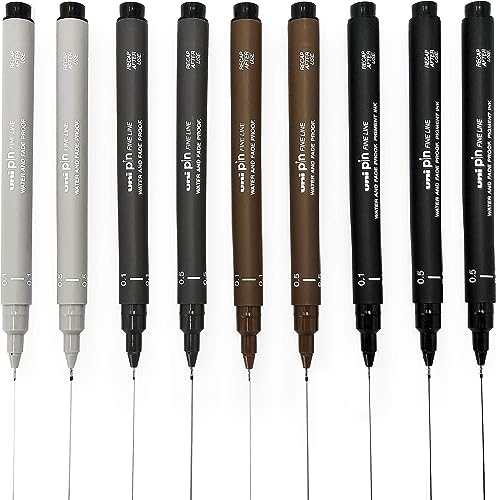 Uni Pin Fineliner Set Di 9 Penne Da Disegno, Nero, Grigio Scuro, Grigio Chiaro, Seppia Da 0,1/0,5 Mm