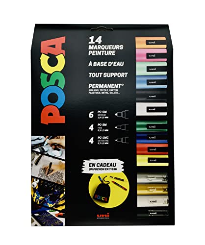 Posca - Uni Mitsubishi Pencil - Maxi Pack Multi-Punta - 14 Pennarelli A Base D'Acqua - Tutti I Supporti - Colori E Punte Assortite - Sacchetto In Omag
