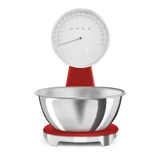 Smeg, Bilancia Da Cucina Digitale E Analogica Ksf01Rdww, Ciotola In Acciao Inox 1,8L Removibile, Quattro Unità Di Misura G/Ml E Lb.Oz/Fl.Oz, Con Funzi