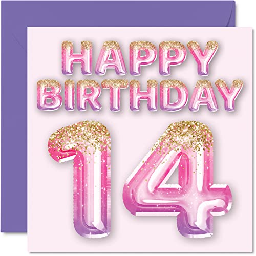 Biglietto Di Auguri 14° Compleanno Ragazze – Palloncini Glitterati Rosa E Viola – Biglietti Di Auguri 14 Anni Figlia Sorella Nipote Cugina 145Mm Regal