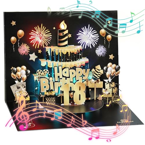 Joyoldelf Biglietto Auguri Compleanno 18 Anni - Biglietto Di Auguri Con Luci E Musica, Biglietto Auguri Pop Up, Biglietti Auguri Regalo 3D Con Disco I