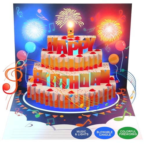 Mozmmhi Biglietto Di Auguri Pop-Up 3D Di Buon Compleanno, Musica, Luci E Fuochi D'Artificio, Con Candela Soffiabile, Regalo Di Compleanno Divertente P
