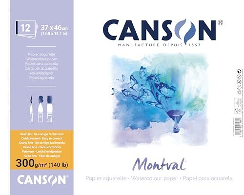 Canson Montval, Blocco Da Disegno Per Acquerello, Guazzo, Acrilico, 37X46 Cm 300 Gm, Grana Fine,12 Fogli, Spiralato Lato Corto