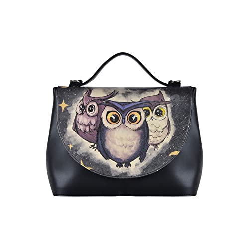 Dogo Femme Cuir Vegan Noir Fait Main Et Mode Sac À Main - Owls Family Motif