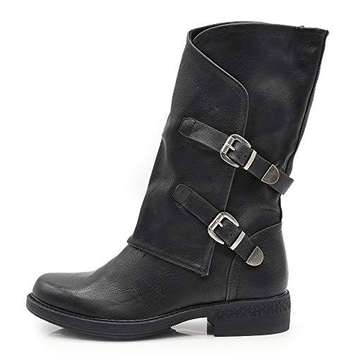 If Fashion Scarpe Da Donna Stivali Stivaletti Biker Fibbie Anfibi Polpaccio Largo G620 Nero 39