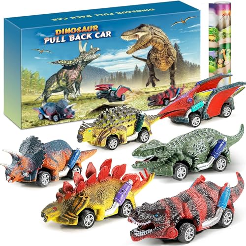 Jojoin Dinosauri Macchinine Giocattolo Per Bambini - 6 Pezzi Dinosauro Giocattolo Tirare Indietro Auto Con Tappetino Attività - Regalo Per Bambini 2 3