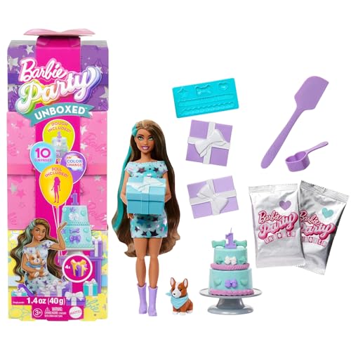Barbie Party Surprise - Party Stars, Bambola Con 10 Accessori A Sopresa, Effetto Cambia Colore E Decorazioni Per La Torta, Giocattolo Per Bambini, 3+