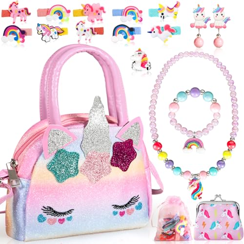 Bgiusqf Borsa Unicorno Bambina, Unicorno Bambina Regalo, Unicorno Borsetta Gioielli Set Per Bambini, Unicorno Borsetta Bambina Set Gioielli, Anelli, C
