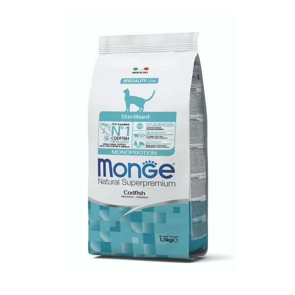 Monge natural superpremium sterilised monoprotein con merluzzo - 1,5 kg - cibo monoproteico gatto - spedizione gratis 1° ordine + scegli lo sconto bzr