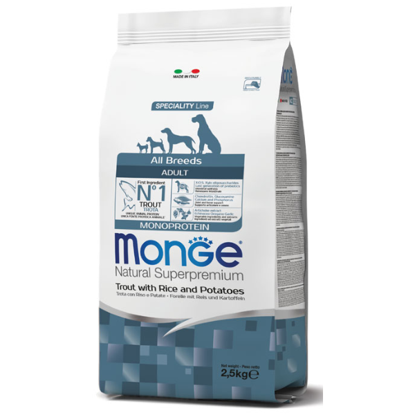 Monge natural superpremium all breeds adult monoprotein trota con riso e patate - 2,5kg - spedizione gratis 1° ordine + scegli lo sconto bzr5 / bzr20