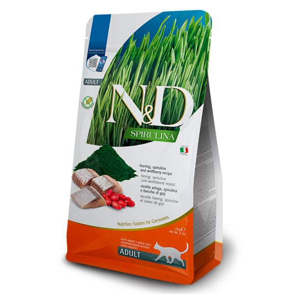 Farmina n&d spirulina grain free feline adult aringa, spirulina e bacche di goji - 1,5 kg - spedizione gratis 1° ordine + scegli lo sconto bzr5 / bzr2