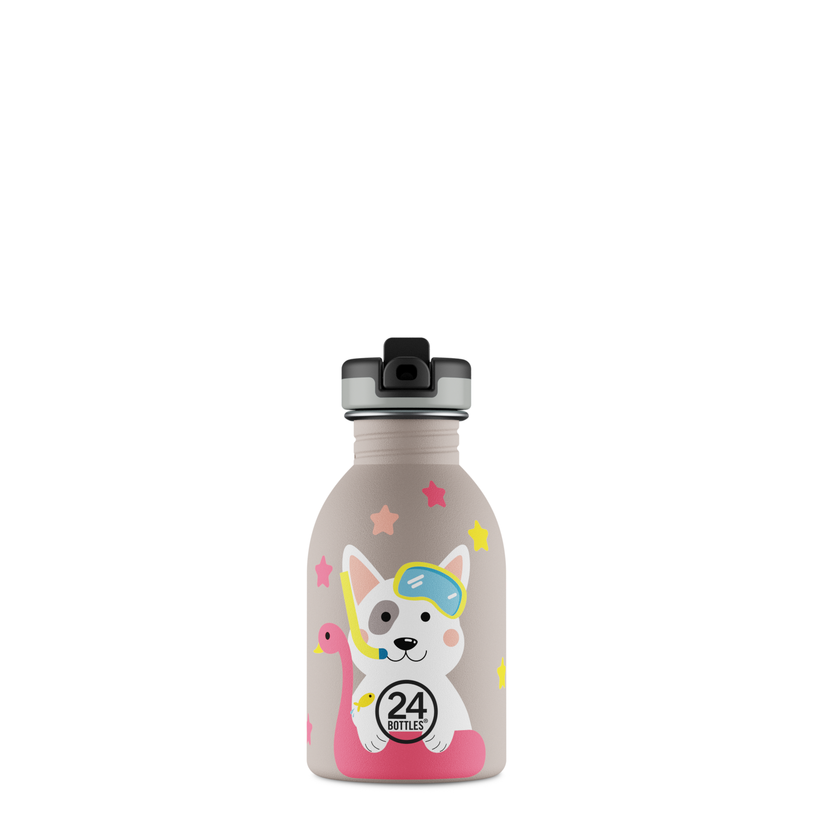 Boraccia per bambini con beccuccio, senza BPA 250 ml, Grigia, Cane divertente, Personalizzabile, Kids Bottle Lucky Dog - 24Bottles