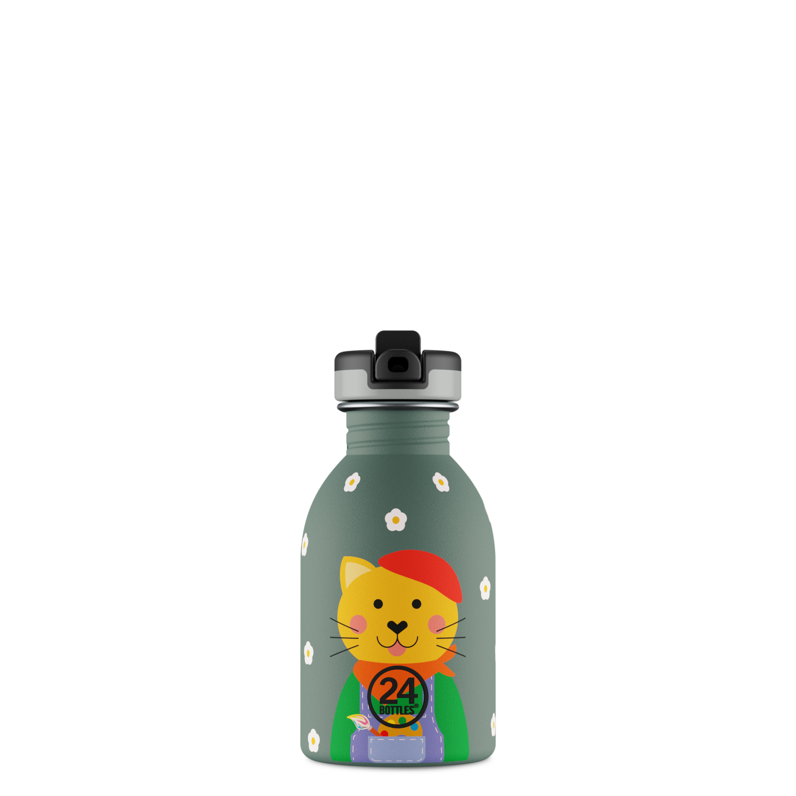 Boraccia per bambini con beccuccio, senza BPA 250 ml, Verde, Gatto divertente, Personalizzabile, Kids Bottle Smart Cat - 24Bottles