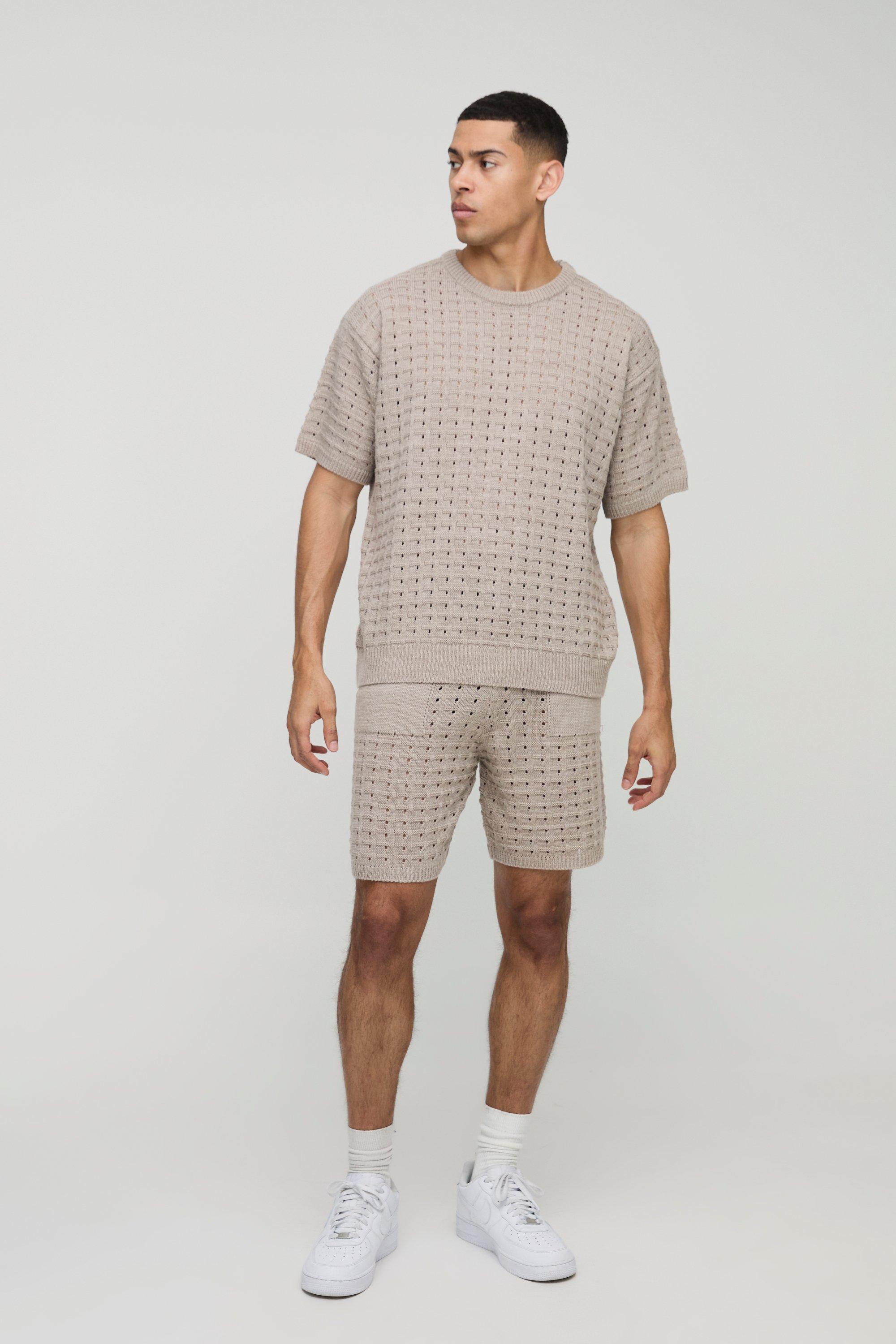 Tuta sportiva oversize in maglia con T-shirt & pantaloncini, Beige