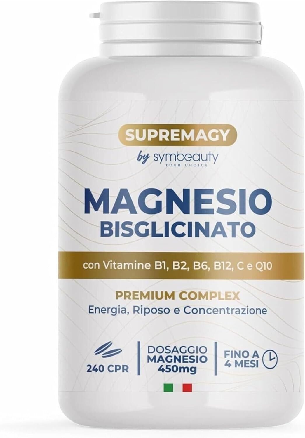 MAGNESIO BISGLICINATO 450mg 240 CPR - Vitamina B12, B1, B2, B6, C e Coenzima Q10