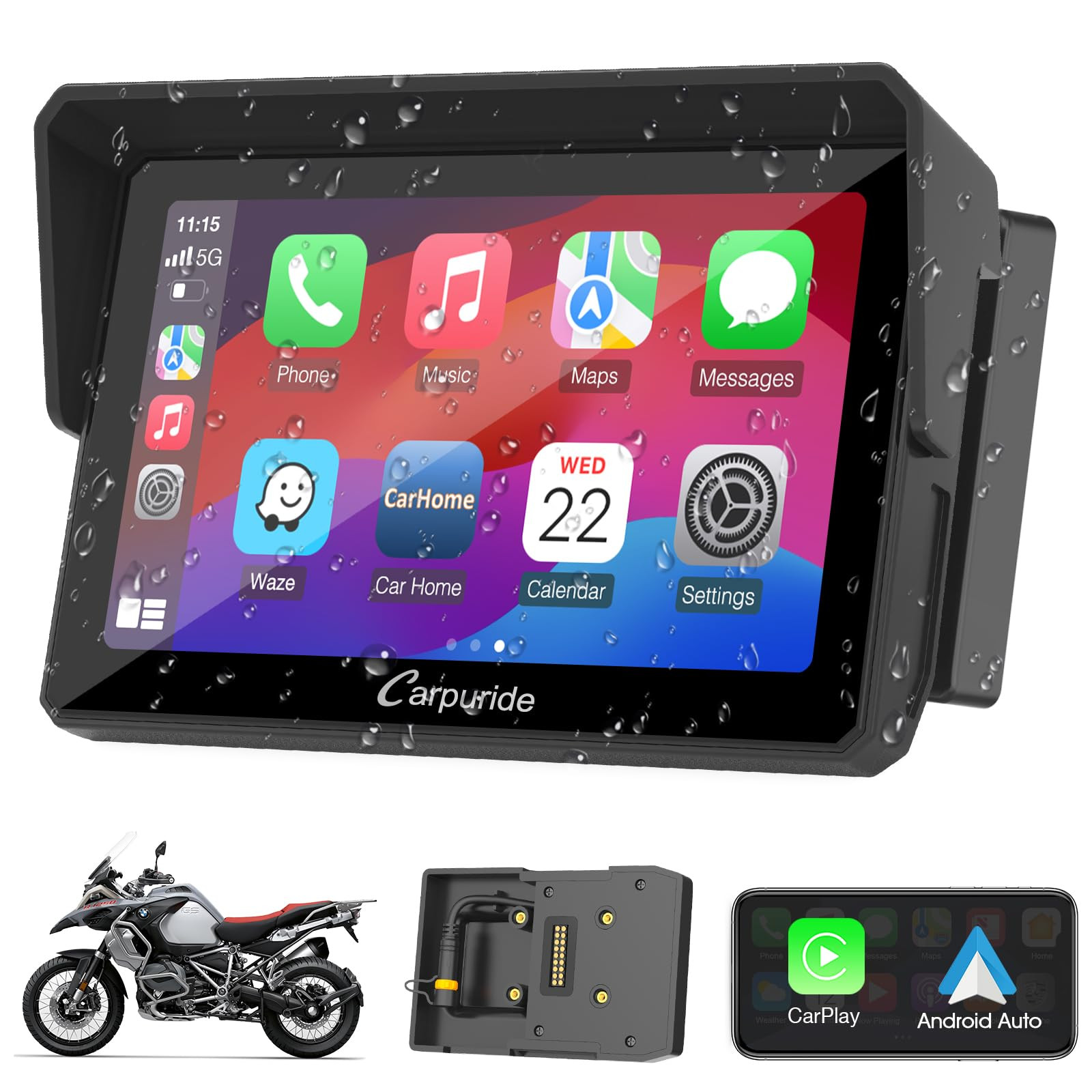 Carpuride W502B Schermo Carplay per BMW Moto R1200GS R1250GS S1000XR, (X7i)