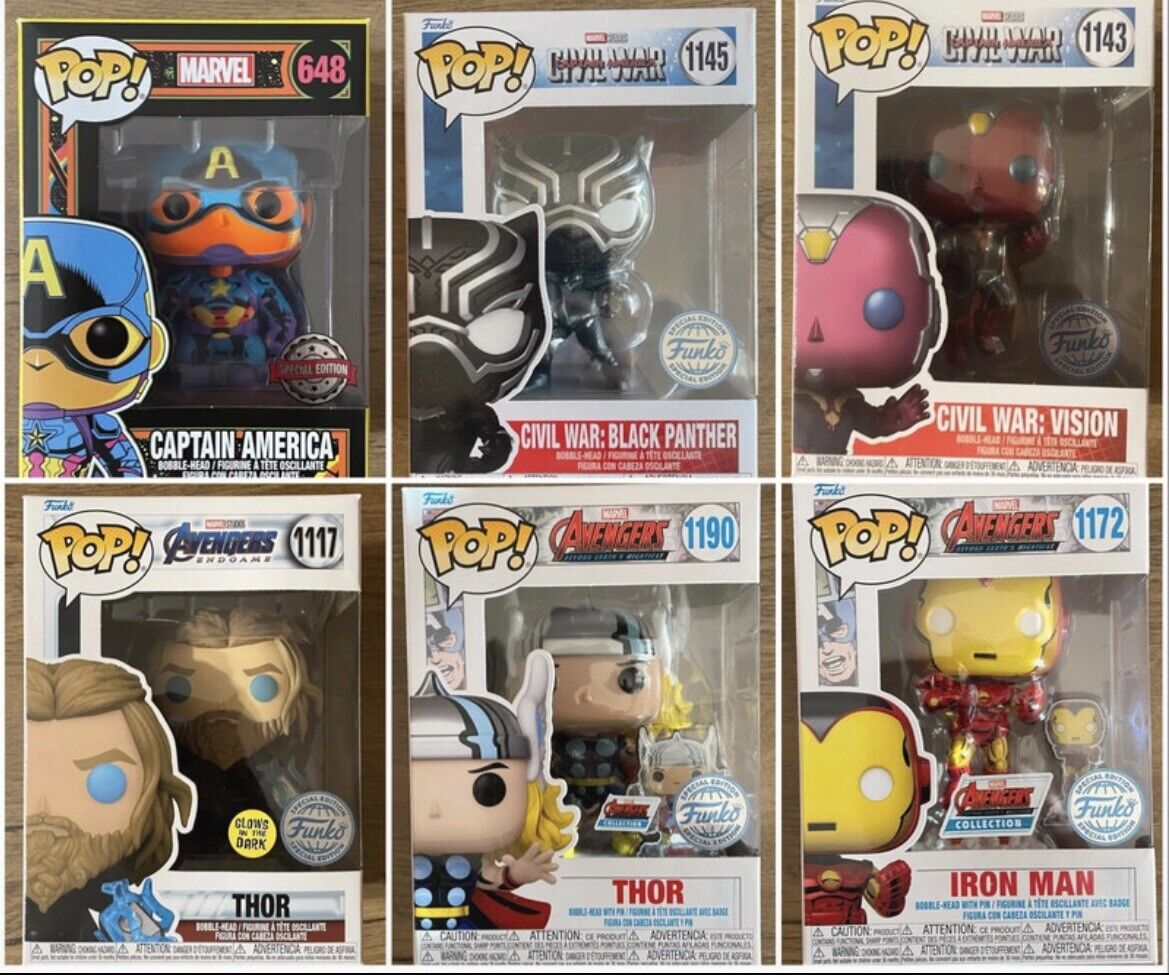 Funko Pop! Marvel Iron Man, Captain America, Thor, The Vision, Black Panther
