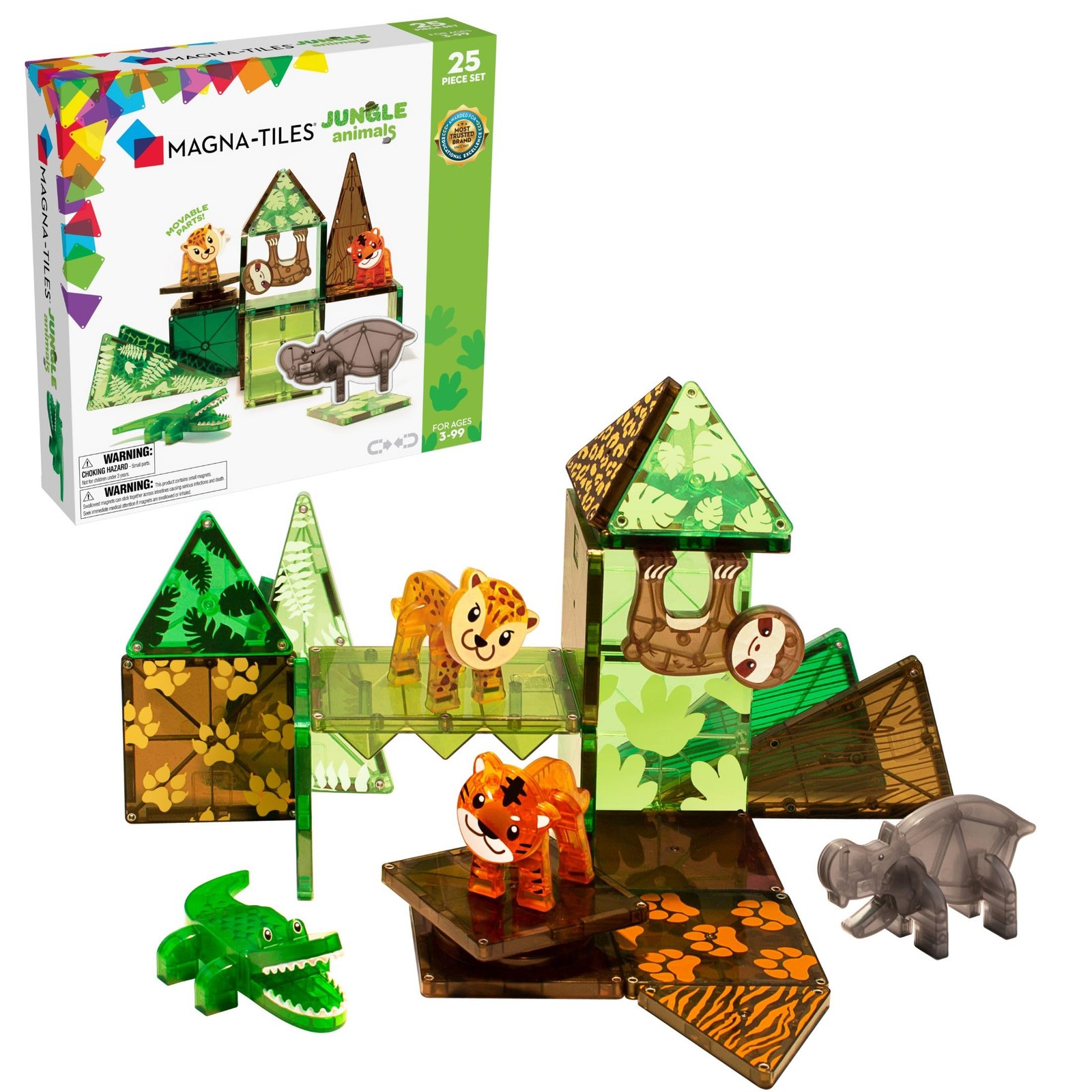 Magna-Tiles Jungle Animals 25-Piece Set - 3D magnetic building tiles, Clear Colo