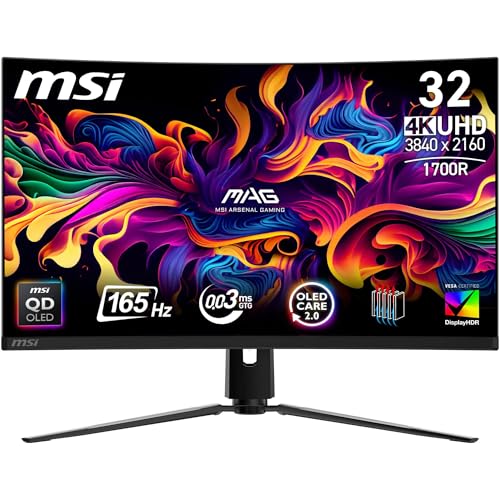 Msi Mag 321Cup Qd-Oled Monitor Gaming Curvo Da 32" Uhd - 1700R, Pannello Quantum Dot Oled (3840 X 2160), 165Hz / 0,03Ms, 99% Dci-P3, Δe≤2, Displayhdr