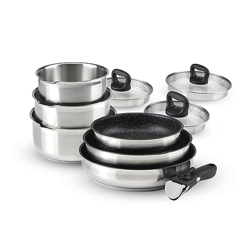 Qulinart - Batteria Da Cucina A Induzione 10 Pezzi - Set Di 3 Pentole, 3 Padelle Antiaderenti, 3 Coperchi E Manico Rimovibile - Acciaio Inossidabile -