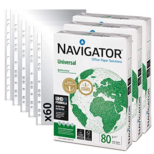 Confezione Da 1500 Fogli Navigator Universal A4 80 G + 60 Buste Multitasadro In Plastica Per Fogli, Confezione Di Fogli Din A4 - Ofituria (1500 Fogli