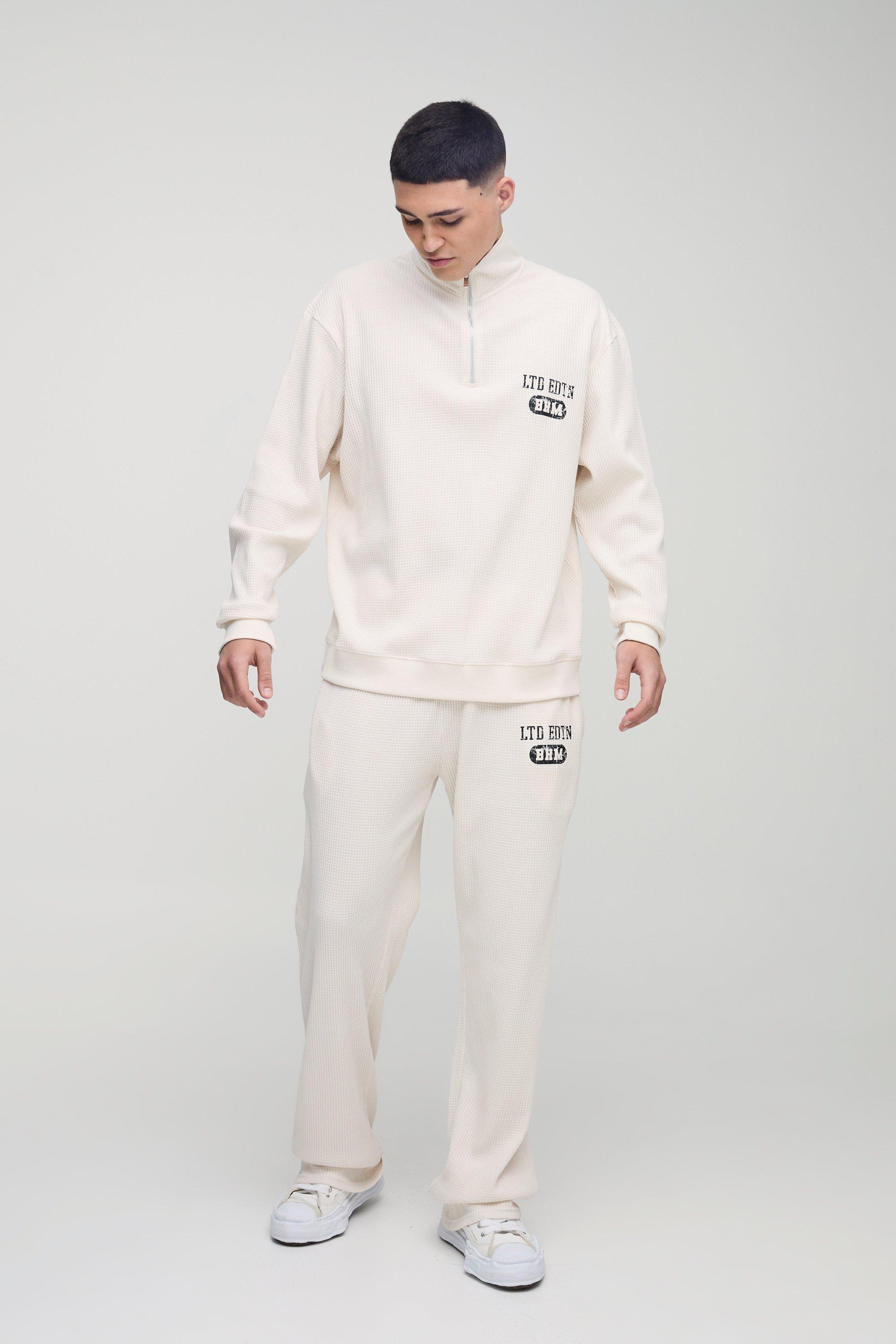 Tuta sportiva oversize in jacquard a nido d'ape con collo a imbuto e joggers rilassati, Cream