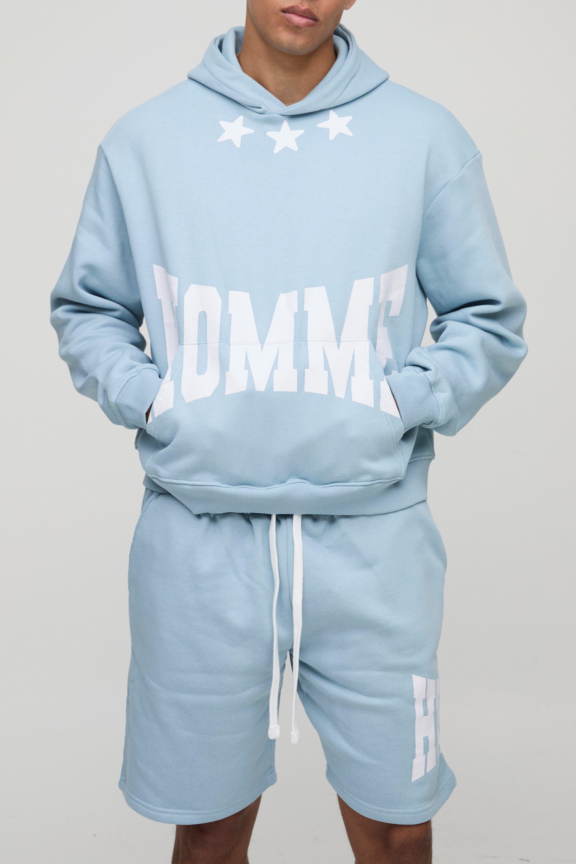 Oversized Boxy Homme Hooded Short Tracksuit, Azzurro