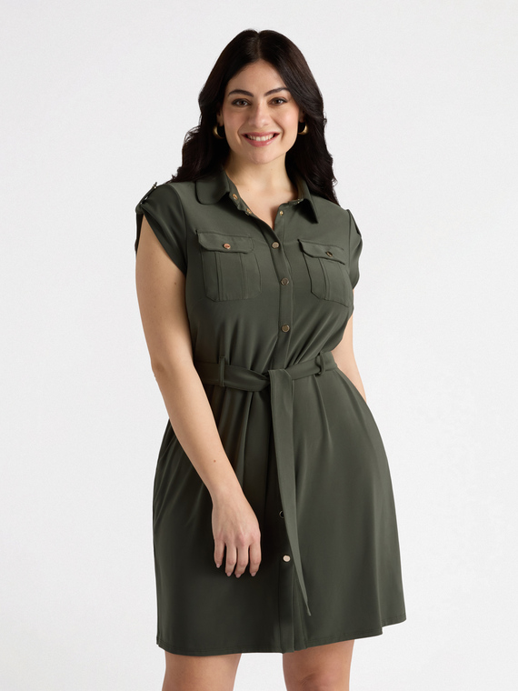 Fiorella Rubino - Vestito chemisier con cintura Donna, Verde militare Taglia: M (52-54 IT)