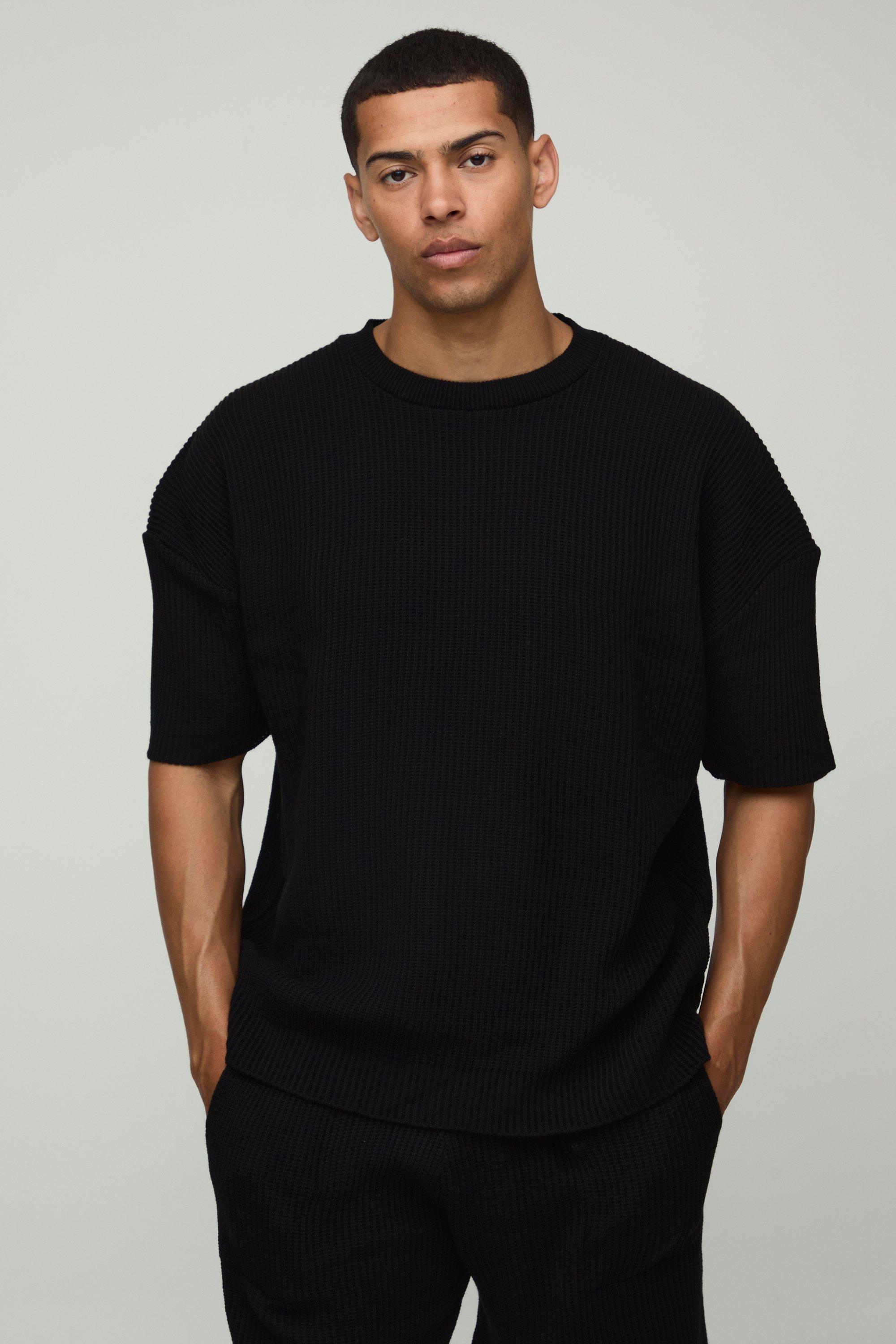 Set T-shirt squadrata in maglia a coste & pantaloncini, Nero
