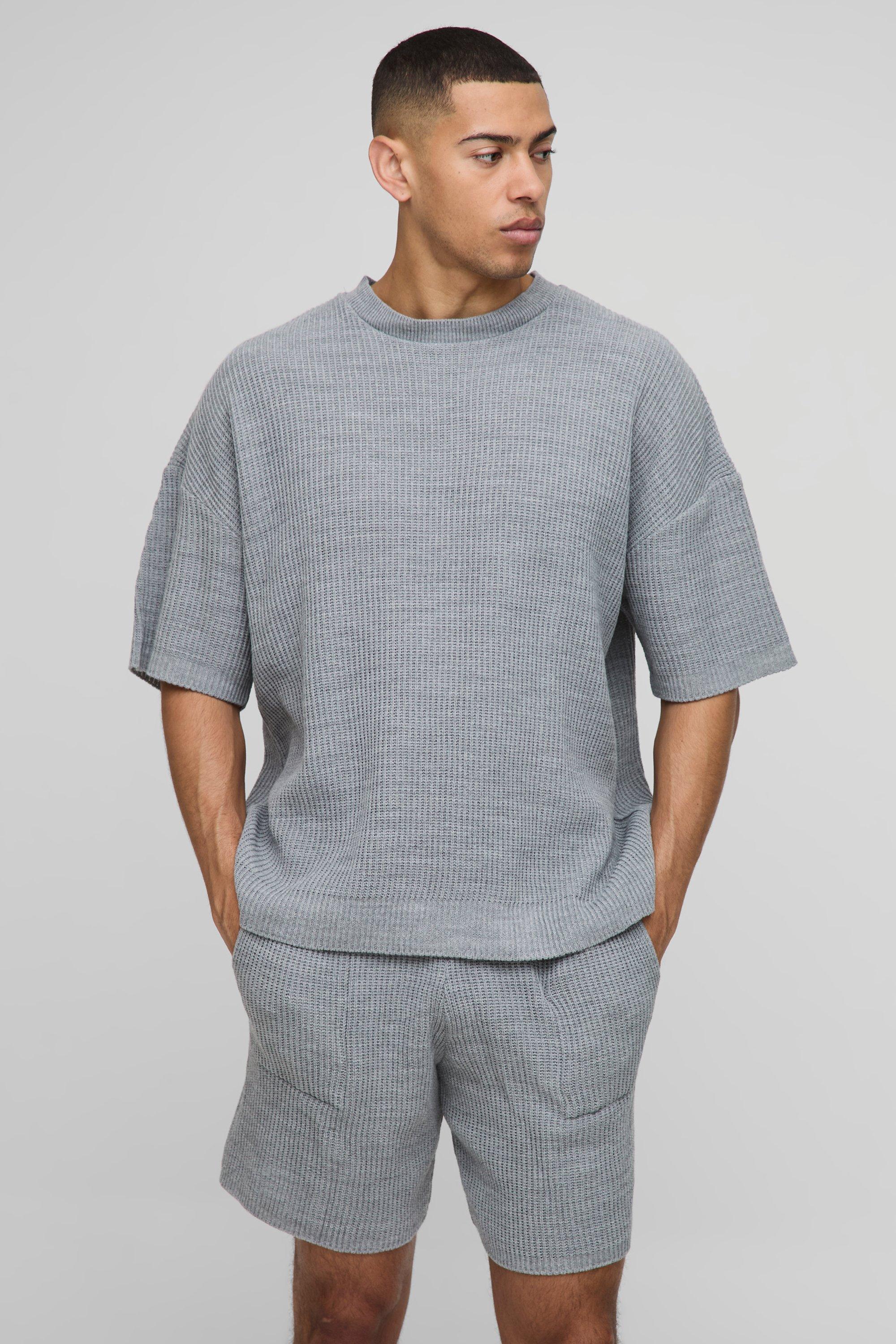 Set T-shirt squadrata in maglia a coste & pantaloncini, Grigio