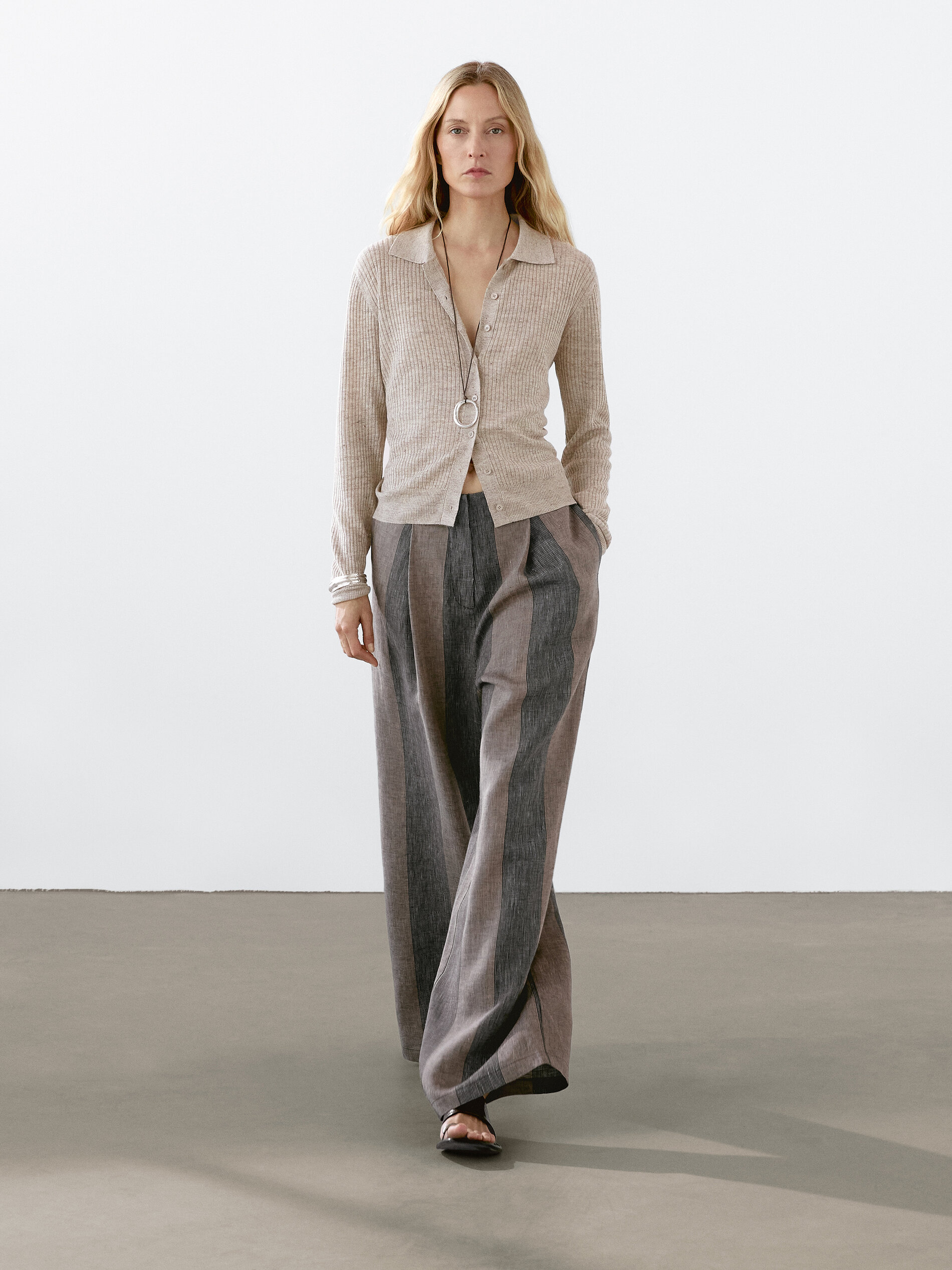 Cardigan In Maglia Misto Lino Mélange - Grigio - L - Massimo Dutti - Femminile