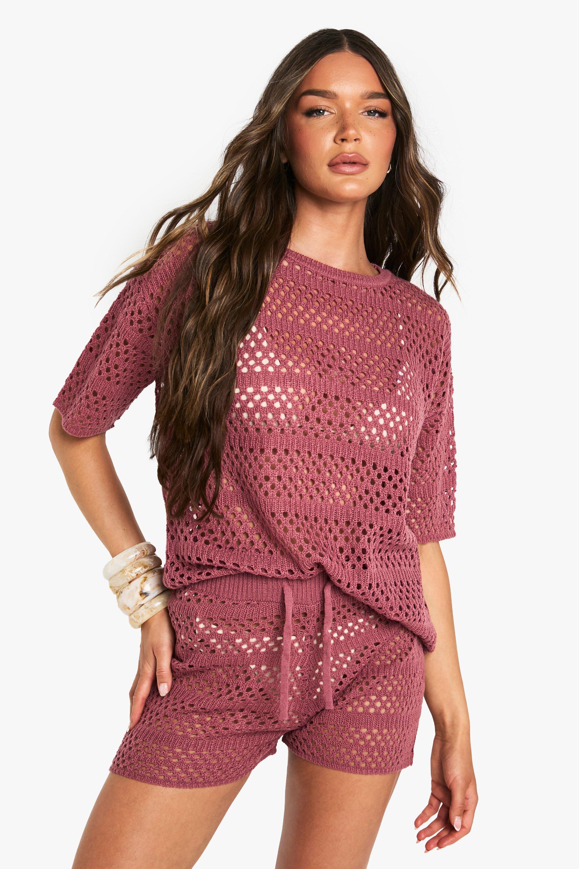 Set top oversize in maglia all'uncinetto & pantaloncini a pantaloncino, Pink