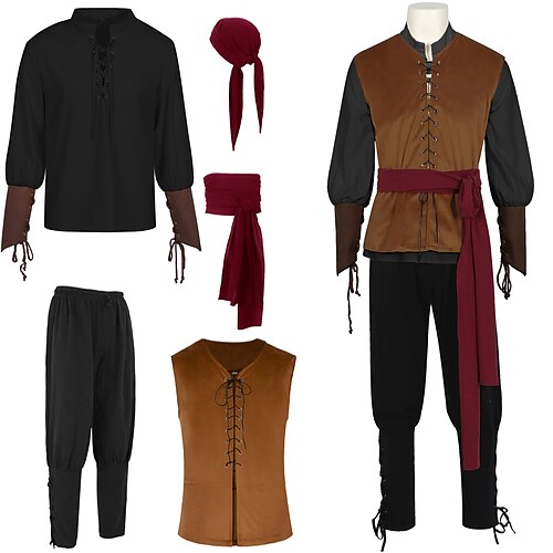 Medievale Rinascimento Costume Cosplay Abiti Pirata Vichingo Per uomo Costumi da pirata Halloween Carnevale Performance LARP Fiera Rinascimentale Adul