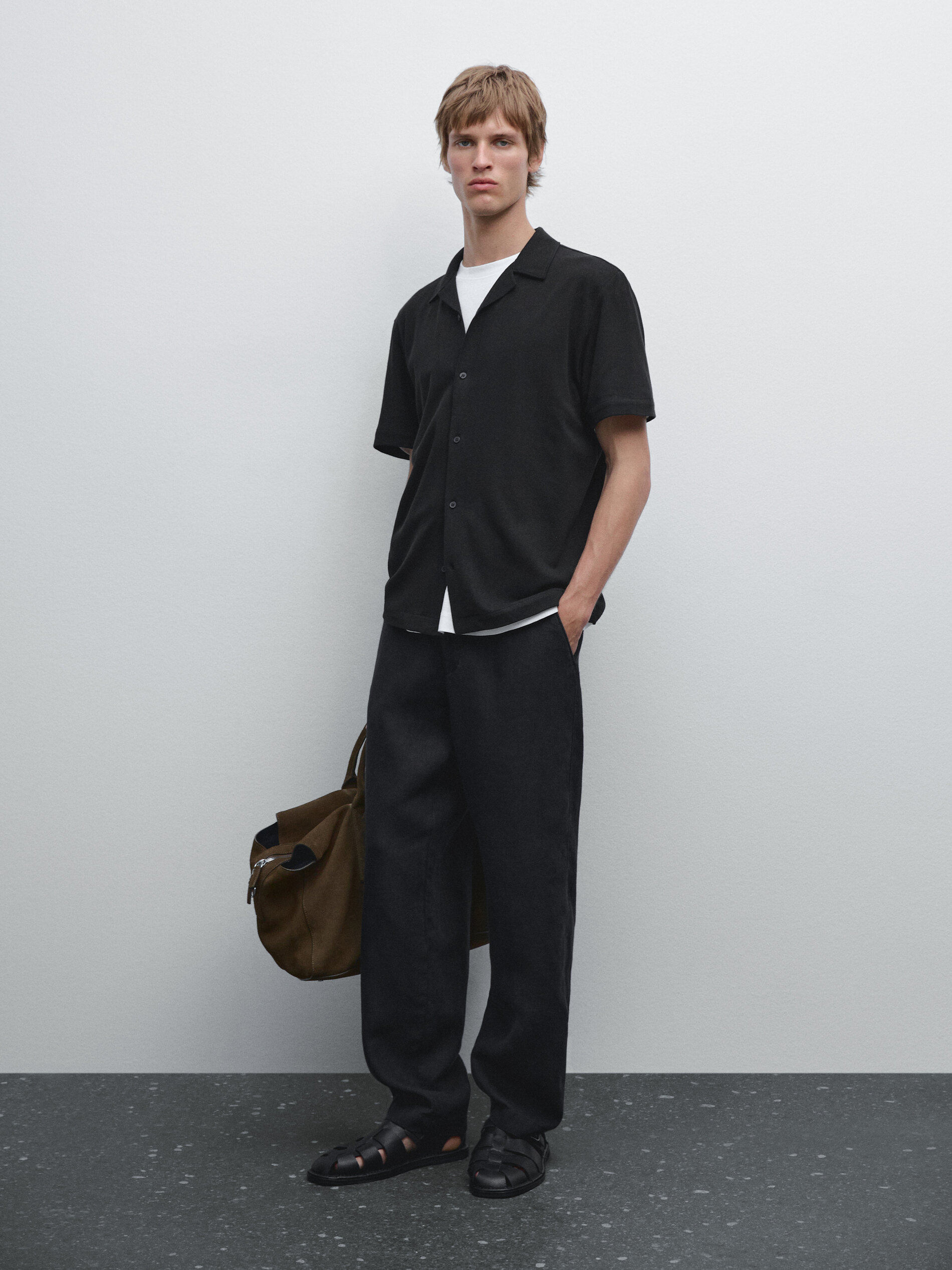 Camicia A Maniche Corte Misto Lino - Nero - S - Massimo Dutti - Maschile