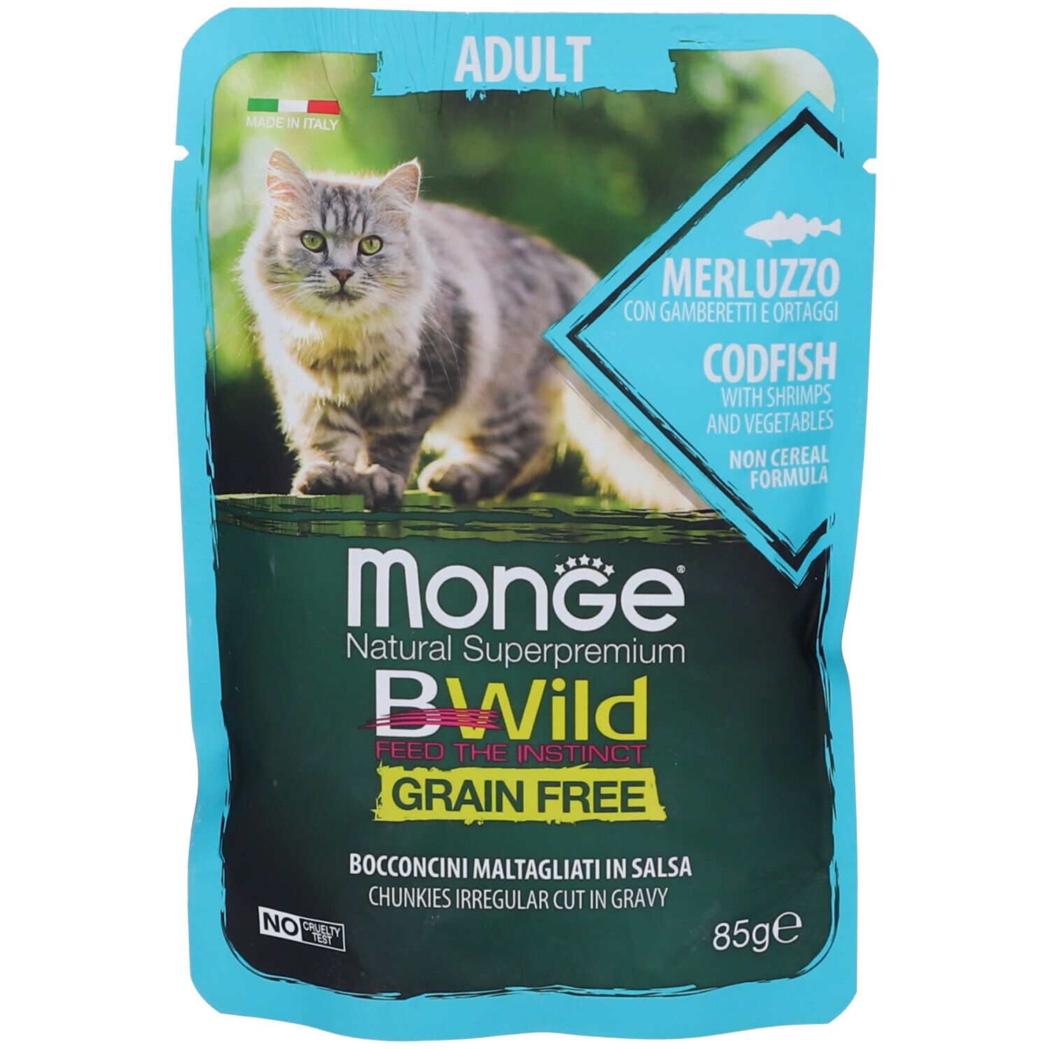 Monge Bwild Adult Cat Merluzzo, Gamberetti e Ortaggi 85 g Mangime